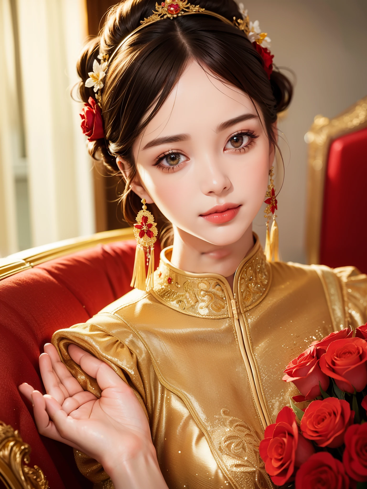 Realistic semi-close portrait image of curious woman retro 60s nostalgia, Prime Time,, 35mm Female Portrait，Gold embroidery. warm color. Vivid. Realistic. Carefree happy joy bokeh background. Quiet aesthetics. Soft lighting. Artistic lighting. Feminine elegance.Facing forward、Photo of your face、The background is red roses