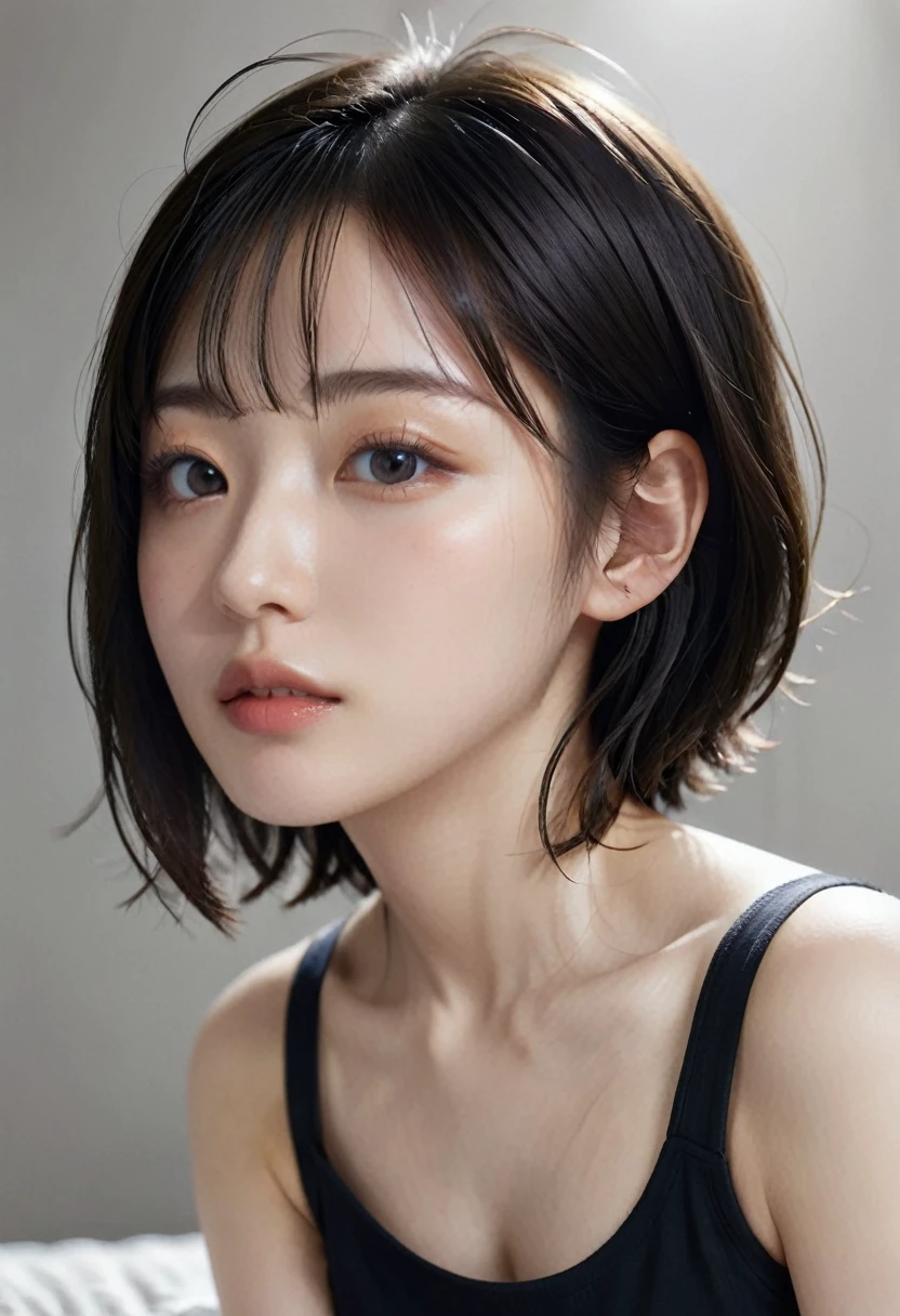 photorealistic, Photography ,BREAK, short hair woman, sitting on the bed , taking a (selfie:1.5), (black T-shirts), in bedroom , white background, (short hair), BREAK, 8k , LAW , best-quality, masterpiece, hyper realistic detail shiny skin , natural shading , realistic shadow, BREAK (hyper realistic detail shiny skin, detailed skin, detailed hair, ultra sharpness, intricate details), perfect anatomy