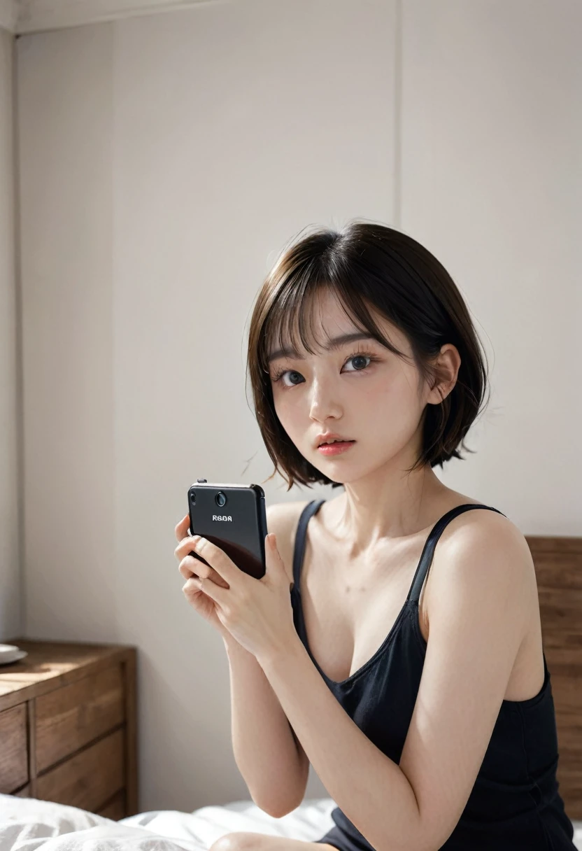 photorealistic, Photography ,BREAK, short hair woman, sitting on the bed , taking a (selfie:1.5), (black T-shirts), in bedroom , white background, (short hair), BREAK, 8k , LAW , best-quality, masterpiece, hyper realistic detail shiny skin , natural shading , realistic shadow, BREAK (hyper realistic detail shiny skin, detailed skin, detailed hair, ultra sharpness, intricate details), perfect anatomy