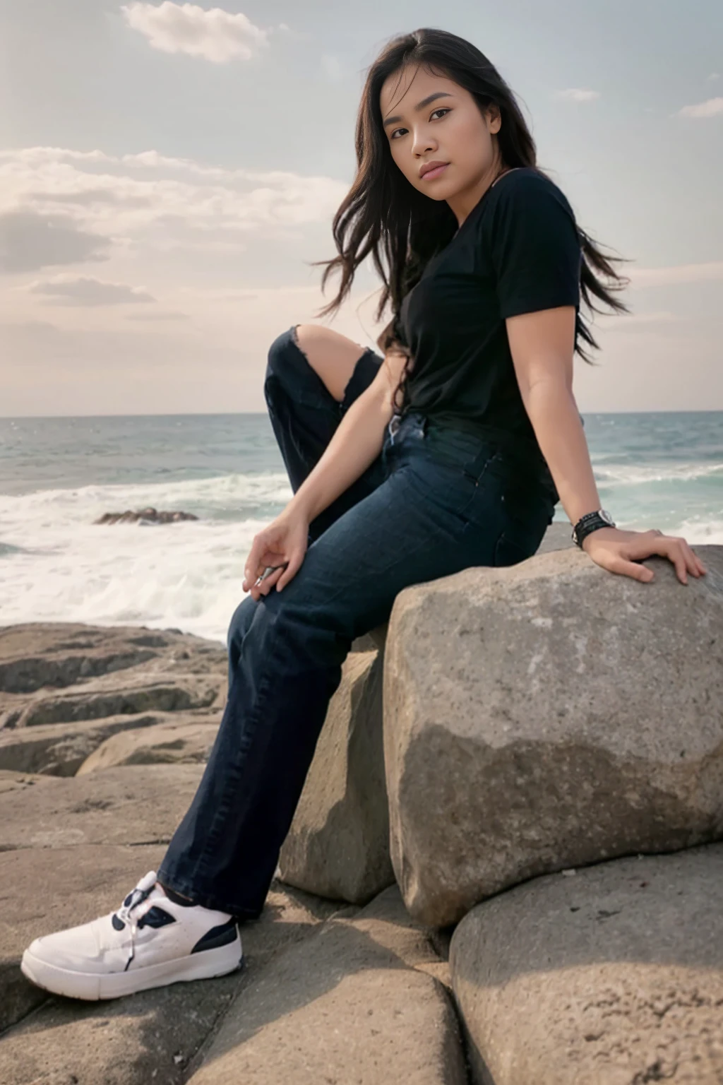 high quality, best quality, photo-realistic, raw-photo, ultra-detailed, High definition, masterpiece, intricate details, detailed texture, finely detailed, portrait of a woman from Indonesia, posing sitting on a giant rock looking at the camera, black t-shirt , long navy jeans, the background is a beach with rocks
