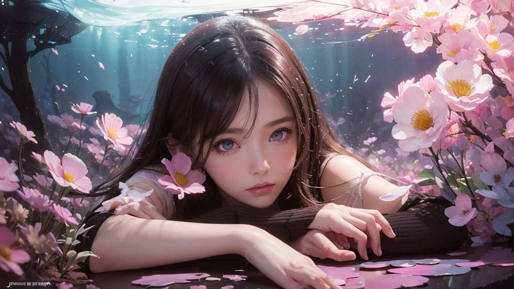 32k, Masterpiece, Highest quality, One girl, Detailed eyes, flower,Sandersonia, Pink and brown style,A dreamy, romantic piece,Pale pink, Mysterious Leaves,A playful arrangement,Fantasy,High Contrast,Ink strokes,explosion,Exposure, Impression of pink and brown tones,Abstract,((Watercolours by John Berkey and Jeremy Mann )) Brush strokes,Negative Space, Tyndall effect,