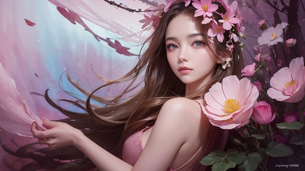 32k, Masterpiece, Highest quality, One girl, Detailed eyes, flower,Sandersonia, Pink and brown style,A dreamy, romantic piece,Pale pink, Mysterious Leaves,A playful arrangement,Fantasy,High Contrast,Ink strokes,explosion,Exposure, Impression of pink and brown tones,Abstract,((Watercolours by John Berkey and Jeremy Mann )) Brush strokes,Negative Space, Tyndall effect,