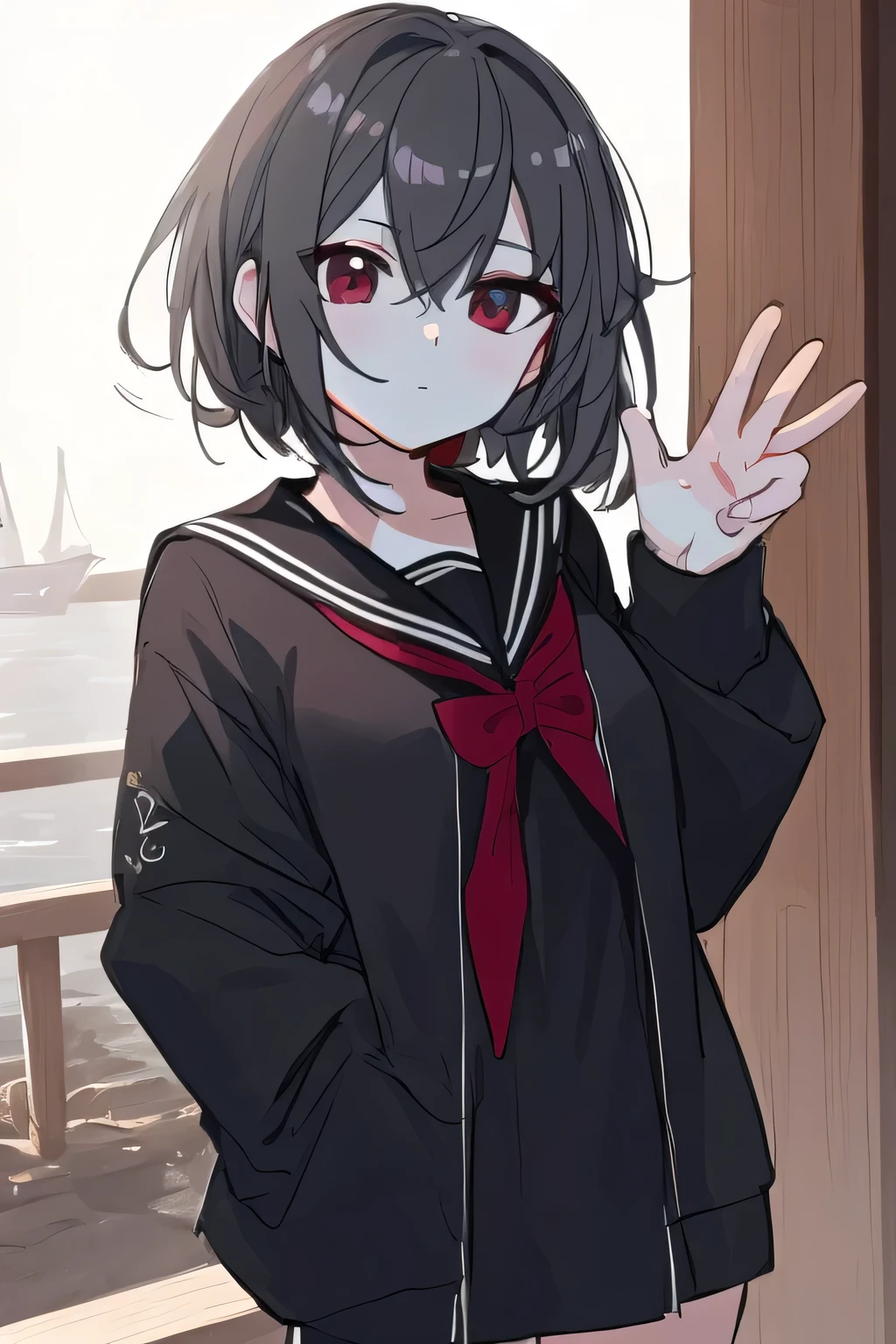 Vspo, Ren Kisaragi, cool,short hair,(Black sailor suit,cute,One girl,((Sailor suit)),Beautiful modeling,(Waving)
