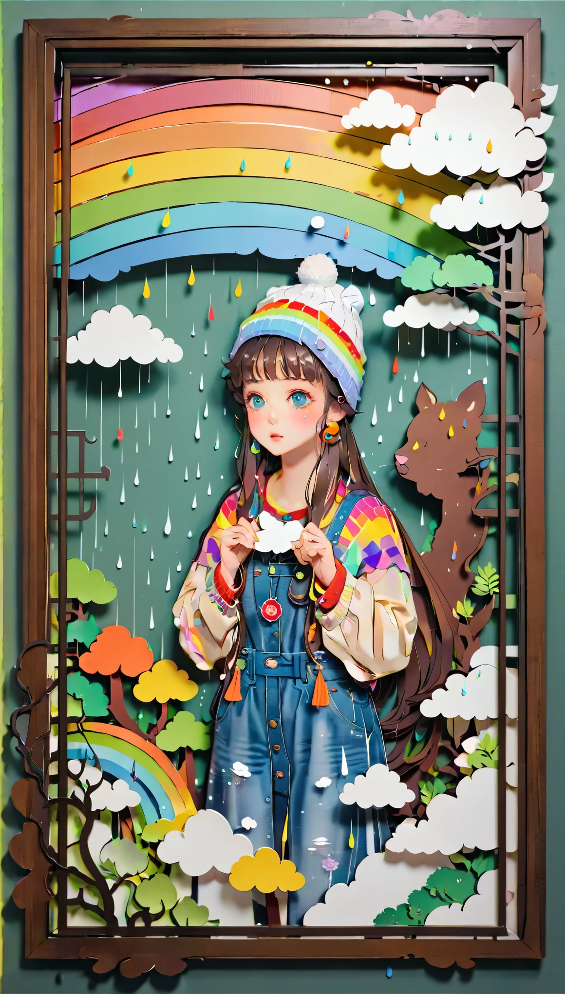 (((paper cutting style))), (frame of illustration is 3D paper cutting: 1.2), (colorful), 1 girl, brown long hair, curry long hair, knit cap, denim, shirts, rainbow, rain, unclear