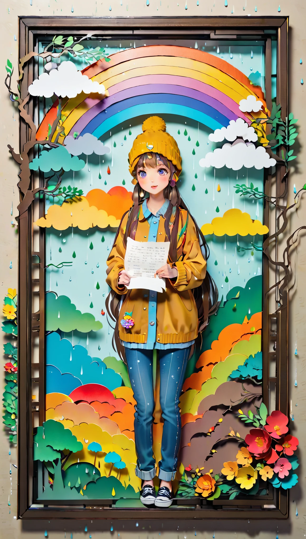 (((paper cutting style))), (frame of illustration is 3D paper cutting: 1.2), (colorful), 1 girl, brown long hair, curry long hair, knit cap, denim, shirts, rainbow, rain, unclear