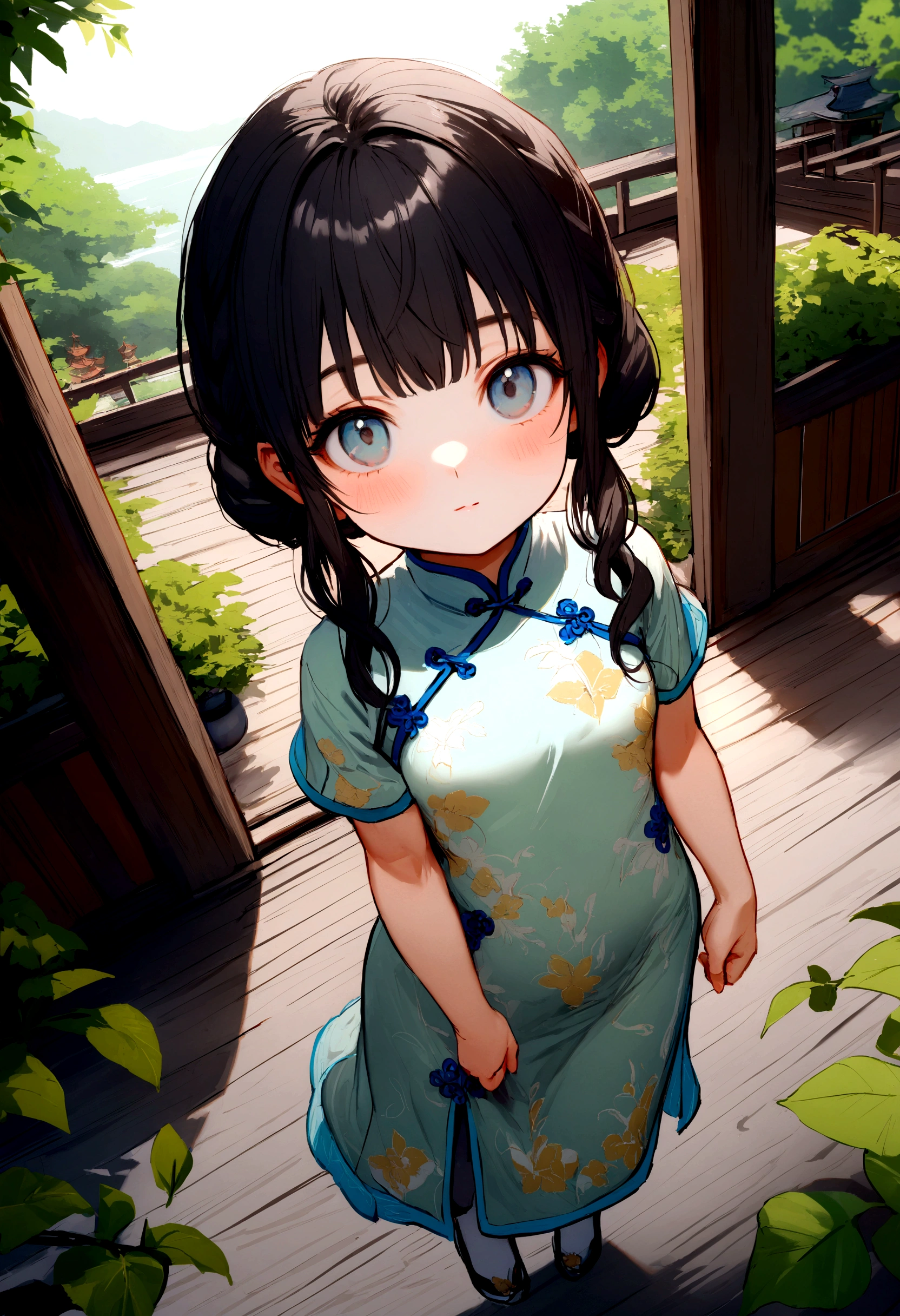 (full body), (A 7-year-old girl:1.2), (very young little girl), loli, (Solo), (small breast), (wide angle), raw photo, Aesthetic, Convoluted, Awarded, chiaroscuro, Best Quality, Detailed background, (Misty atmosphere:1.2), (hard rainy day:1.1),((Girl in white cotton cheongsam:1.2)), large white cotton cheongsam, long white cheongsam with a cotton texture, very long white cheongsam, best wrinkles, real wrinkles, best shadows, (Cloth cheongsam, best cheongsam wrinkle), (Walk through the (Mist dark Zen Garden)), (Real location), Delicate and beautiful eyes, Casual pose, Detailed textures, Posing, (Anatomically correct body, detailed face, (very detailed textures cheongsam with floral pattern), (black hair), Voluminous hair, Hair Ornament, vivid colors, calm expression, look at viewer, peaceful scenery, clean and fresh feeling,