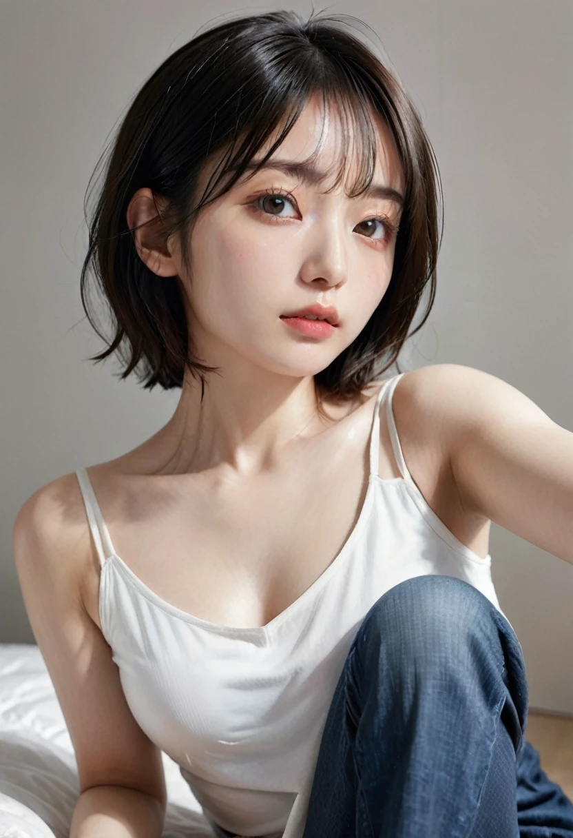photorealistic, Photography ,BREAK, short hair woman, sitting on the bed , taking a (selfie:1.5), (black T-shirts), in bedroom , white background, (short hair), BREAK, 8k , LAW , best-quality, masterpiece, hyper realistic detail shiny skin , natural shading , realistic shadow, BREAK (hyper realistic detail shiny skin, detailed skin, detailed hair, ultra sharpness, intricate details), perfect anatomy