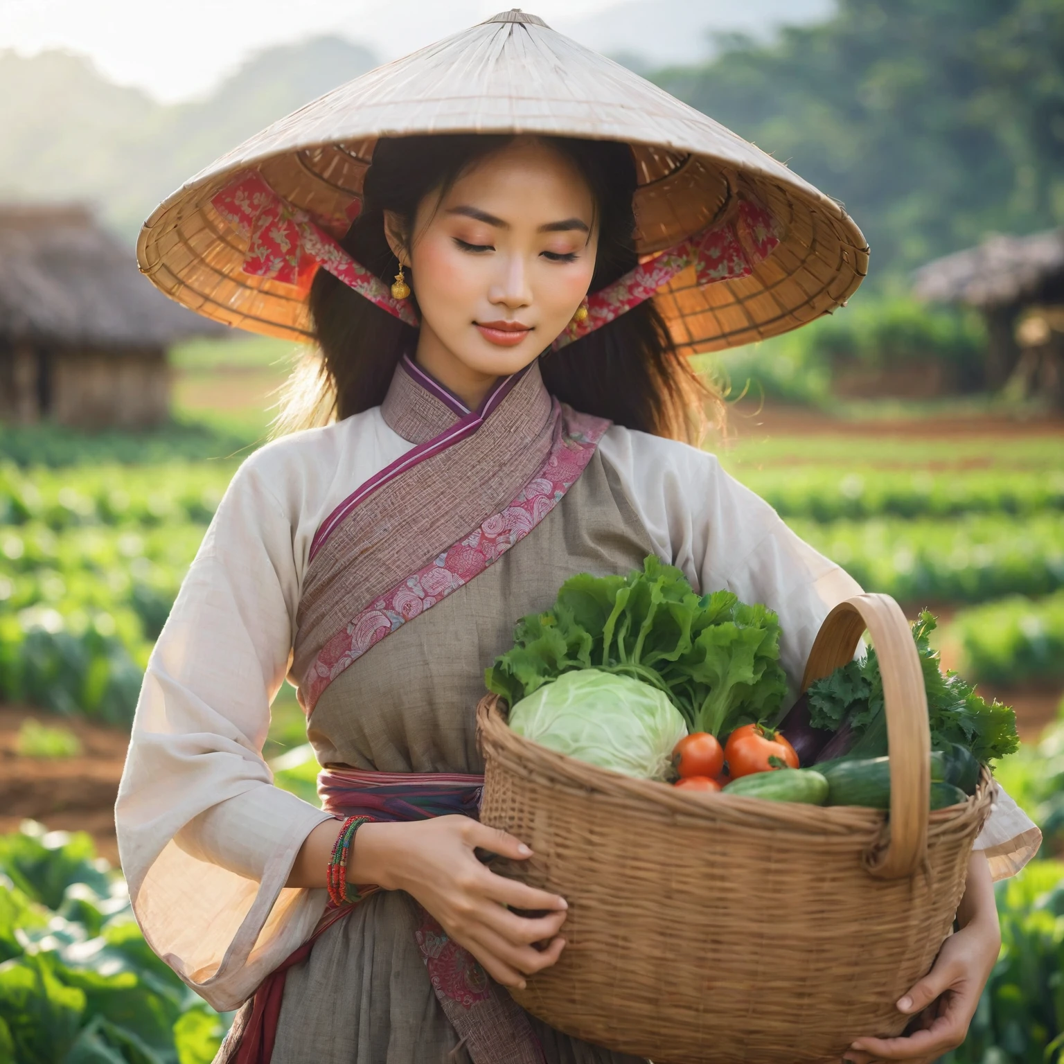 arafed woman carrying a basket of vegetables in a field, japanesse farmer, vietnamese woman, traditional beauty, traditional, asian woman, in style of lam manh, an asian woman, asian girl, in style of thawan duchanee, traditional clothes, wearing farm clothes, a young asian woman, sukhothai costume, chinese woman, gorgeous lady, Bokeh background, Taken using Sony Alpha α7CR full-frame, Fullcolor, profile picture 1536px, photorealistic, high quality