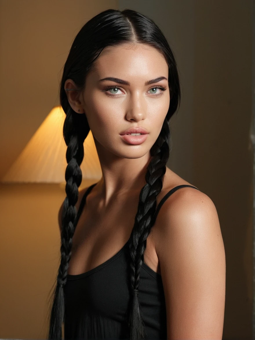 a realistic photo of a [ really beautiful exotic androgynous supermodel 19 year old woman] , with [long, dark hair in sleek braids] , looks like [Megan FOX] and [Adriana Lima], light makeup, looking [innocent, cute, flushed] , [light] skin --ar 9:16 --stylize 750 --v 6