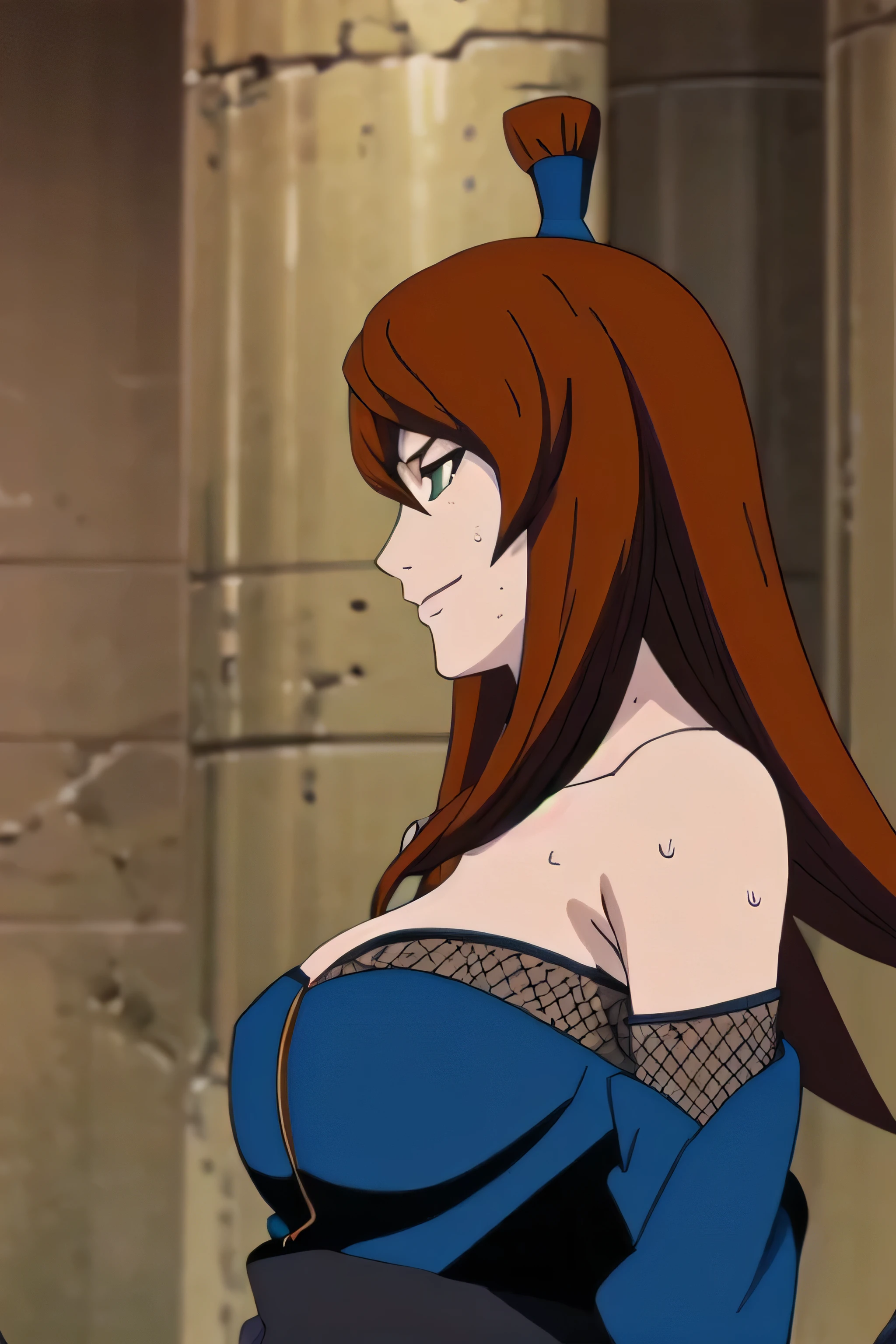 MEI, 1girl, solo, upper body,,side view, viewed from side, smile, sensual expression,eyes closed,leaning forwards,leaned forwards,sweaty