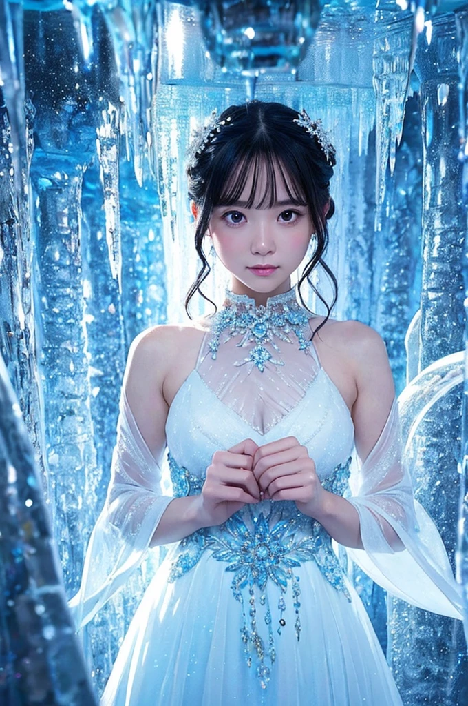 This image is、It depicts a fantastical scene of a beautiful woman standing in an ice cave.。Below is the detailed prompt for the image。
--- In the center of the image、A young woman is standing。she is wearing a white dress、The design is very delicate and elegant。The dress has lace on the shoulders、Transparent materials are used。The dress is decorated with beads and embroidery.、It reflects light and shines brightly。
Her hair is black、It has a natural wave。Her hair is decorated with ice crystals.、It gives the impression of a winter fairy.。Her expression was quiet、The slightly sad eyes are impressive.。Eyes are large、Your gentle eyes are shining。
In the background is an ice cave.。Huge icicles hang from the ceiling and walls of the cave.、The transparent ice pillars reflect the light and shine beautifully.。Fine patterns and cracks can be seen on the surface of the ice.、Natural beauty is highlighted。The whole background is filled with blue light.、It creates a cold and mysterious atmosphere.。
The use of light is very effective、The transparency of the ice and the light reflected on the woman's skin and dress are beautifully depicted.。The light hits her face softly、The expression is gently illuminated。In particular, the light reflecting off the ice icicles creates a fantastic effect.、It enhances the overall atmosphere.。
This image is、This is a work that depicts a fantastic and beautiful winter world.。The elegant figure of the woman and the mysterious background of the ice cave are perfectly combined.、It offers a highly engaging visual experience。This work is packed with fantastical and artistic elements that users love.。