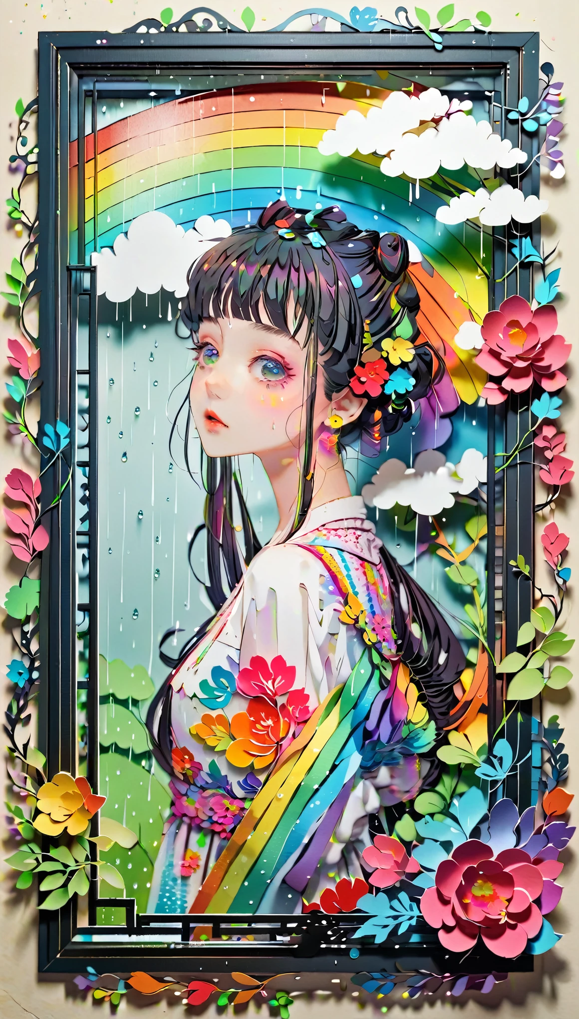 (((paper cutting style))), (frame of illustration is 3D paper cutting: 1.2), (random fashion), (random angle), (random hairstyle), (random hair color), (random hair length), 1 girl, rainbow, rain, unclear