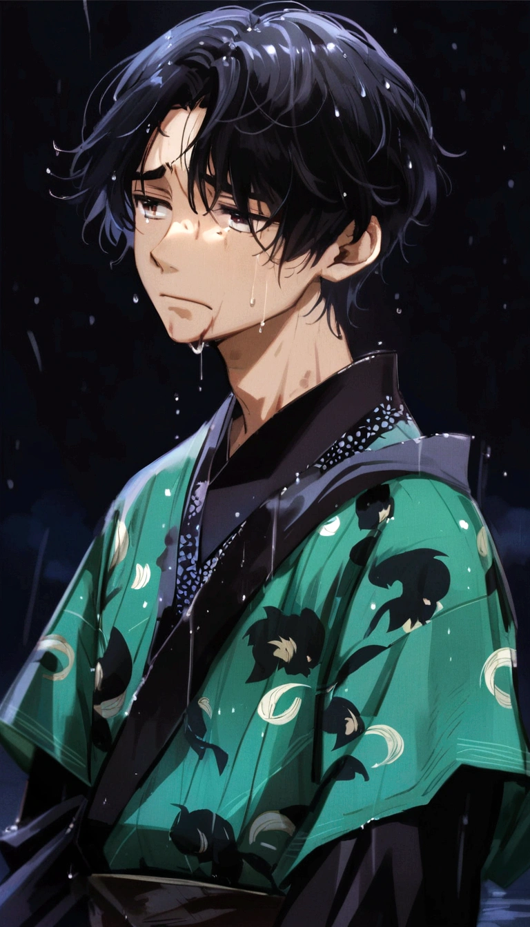 Japanese anime, beautiful boys, black hair, depressed, raining, outside, kimono, beaten up, sad.