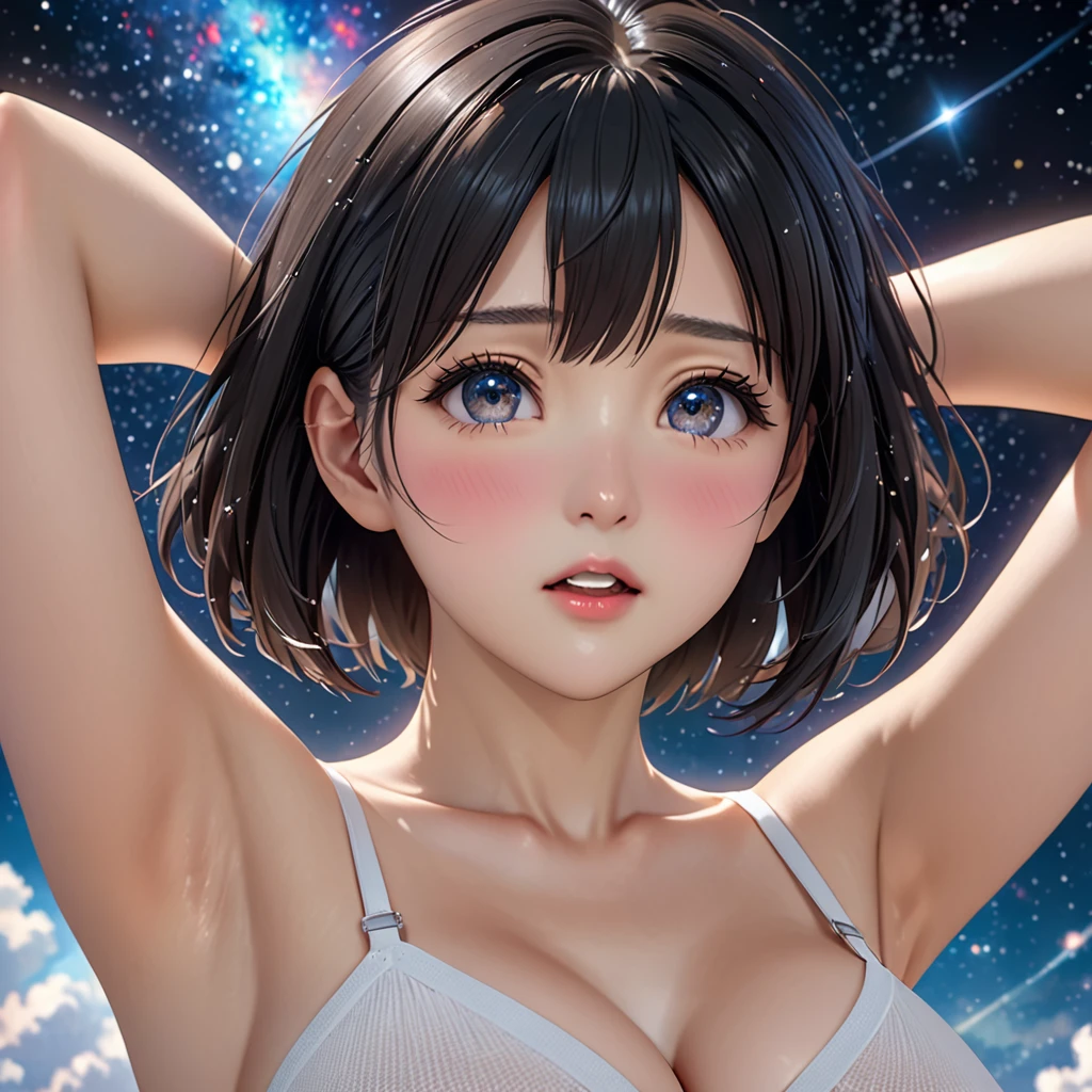 National Science Foundation,masterpiece,High resolution,8K,Art,digit,Three-dimensional,Realism,Kyoto Animation Style,your name movie style,cute,baby face,look into camera,Space starry sky background,(1 girl: 1.3),(alone: 1.4),(Upper body nudity),(Huge breasts),Put your hands behind your head,Black hair,Long eyelashes,Long thin legs,Short Bob,Close-up of upper body,Close-up,Close up,Eyes as deep as the starry sky,blush,shy,pain,open mouth