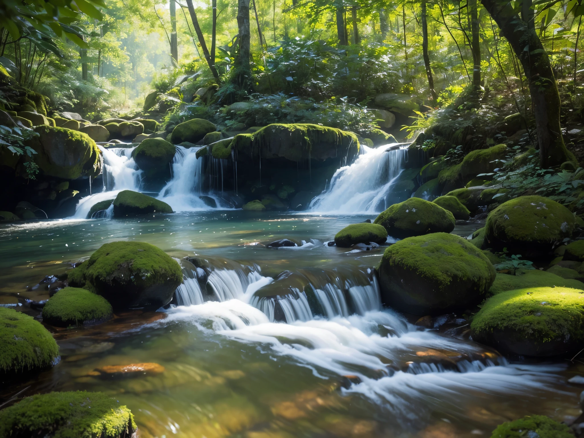A gently flowing stream winds its way through a lush forest, the sunlight shimmering on its crystal-clear surface. This picturesque scene is captured in a stunning painting, where each leaf and rock is meticulously detailed. The vibrant greens of the foliage and the soft ripples of the water evoke a sense of tranquility and natural beauty. The artist's skillful use of color and light brings the image to life, making it truly mesmerizing.