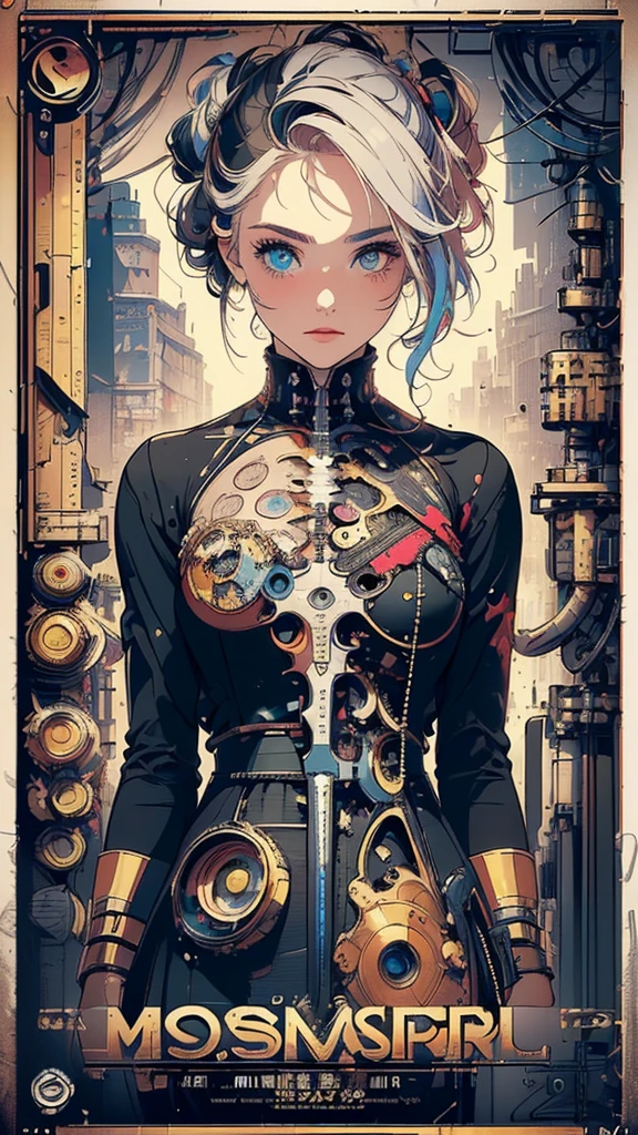 (masterpiece), 1girl, fair skin, beautiful make-up, fair skin, short hair, pink hair,  steampunk, belt, corset, natural breasts, smiling , sultry posing, serenity, beautiful scenery, steampunker, stmpunkai, cog, mgog, white shirt, pink skirt, steampunk city scenery, night time, 