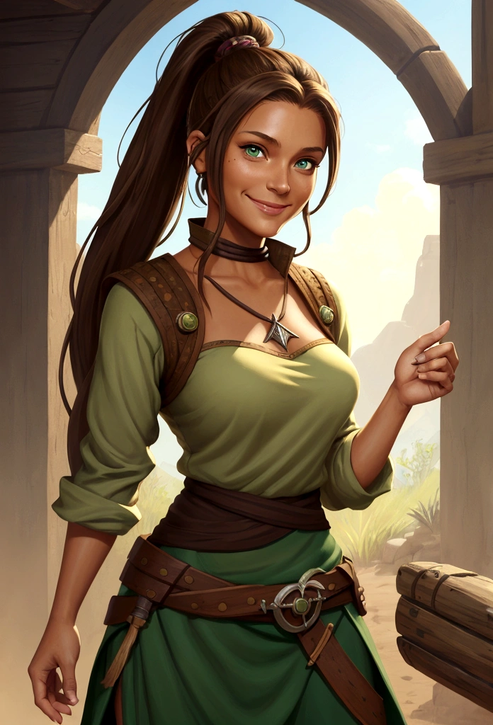 A woman of average height, with sun-tanned skin and light brown hair tied in a ponytail. Her green eyes shine with determination, and she almost always has a friendly smile on her face. She wears simple, comfortable clothes, often stained with dirt. (digital art, fantasy art, RPG art)