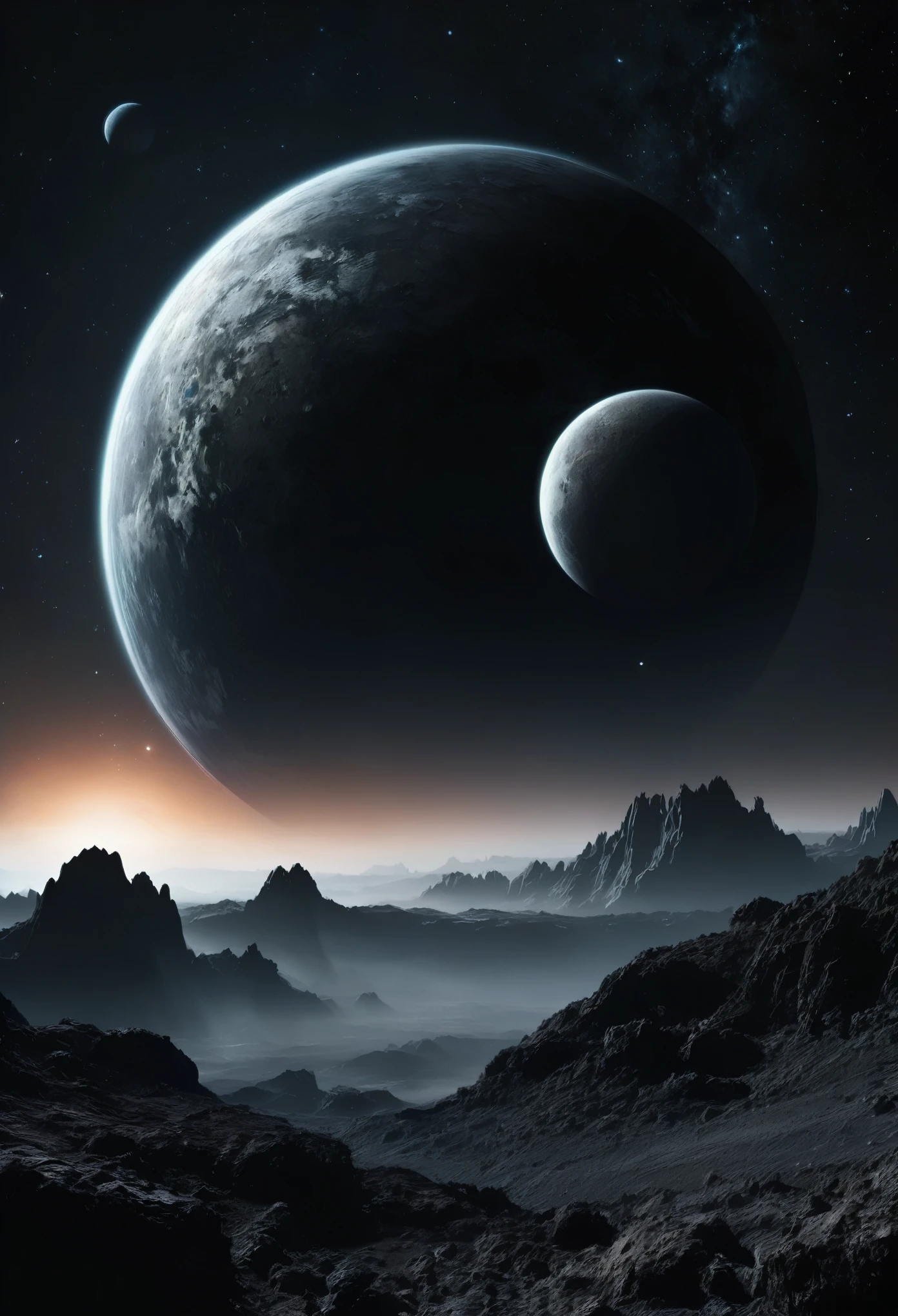 create a view of two dark gray rocky planets superimposed in dark nighttime outer space seen from the surface of a rocky planet at night in the distance, space is dark, é possível ver apenas um dos lados dos planetas pela dense atmosphere, dense atmosphere, total dark, dark horizon, penumbra, as realistic as possible, the light is out of the scene, 