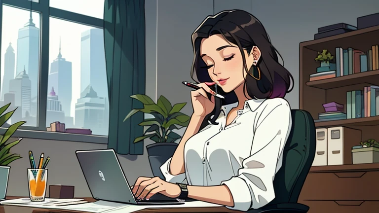 Beautiful dark-haired woman in her 30s sitting green chair in an spacious and colorful office. looking down and closing her eyes, relaxed atmosphere, cozy, LOFI girl, alone in the room, white blouse, desk, documents, laptop, pen, watch, smartphone, stationery, wide glass window, only five fingers, New York, colorful, well-proportioned face, I can see skyscrapers outside the window, colorful, pierced earrings, She is fashionable,