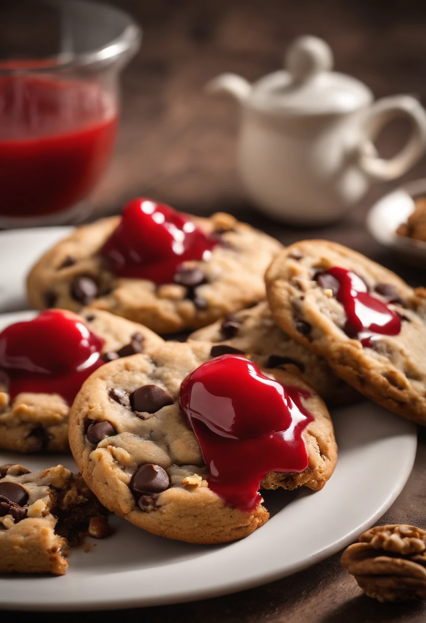 Cookie, Cookie cookie, chocolate, with strawberry sauce, chocolate chip cookie with chocolate chips and walnuts, (cookie with strawberry sauce por cima), realisitic, high resolution, 4K, scenario (not nature), Cookies de chocolate with strawberry sauce, professional foto, best photographer in the world, grade, optical zoom, cookies com calda de morango, cookies com calda vermelha, cookie com calda de morango