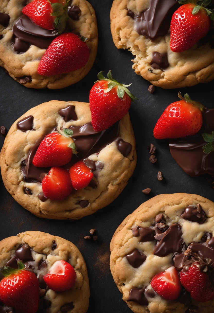 Cookie, Cookie cookie, chocolate, with strawberry sauce, chocolate chip cookie with chocolate chips and walnuts, (cookie with strawberry sauce por cima), realisitic, high resolution, 4K, scenario (not nature), Cookies de chocolate with strawberry sauce, professional foto, best photographer in the world, grade, optical zoom, cookies com calda de morango, cookies com calda vermelha, cookie com calda de morango
