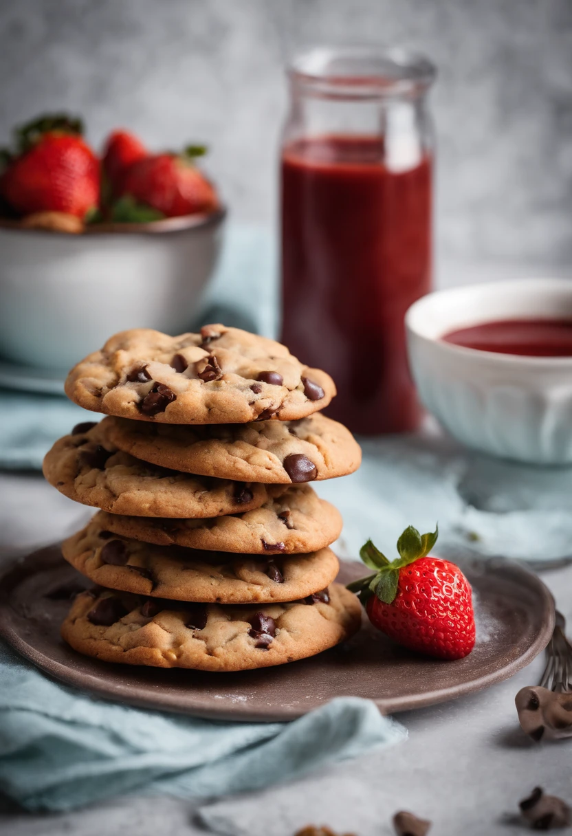 Cookie, Cookie cookie, chocolate, with strawberry sauce, chocolate chip cookie with chocolate chips and walnuts, (cookie with strawberry sauce por cima), realisitic, high resolution, 4K, scenario (not nature), Cookies de chocolate with strawberry sauce, professional foto, best photographer in the world, grade, optical zoom, cookies com calda de morango, cookies com calda vermelha, cookie com calda de morango