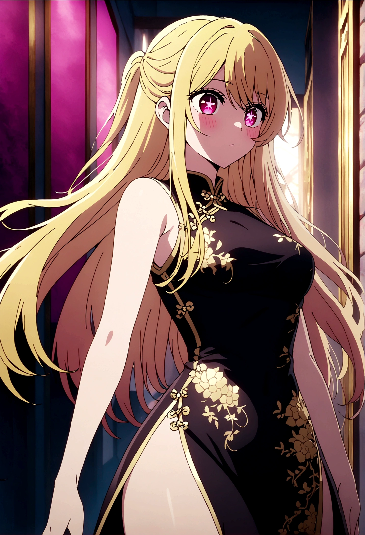 china dress, gold decoration dress, hoshinoruby, star-shaped pupils, ruby_hoshino, blonde hair, bangs, 1girl, pink eyes, long hair, cowboy shot, masterpiece, extremely detailed CG,