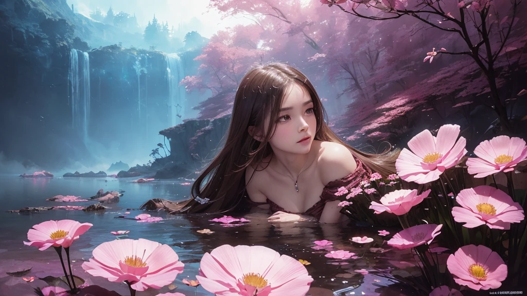 32k, Masterpiece, Highest quality, One girl, Detailed eyes, flower,Sandersonia, Pink and brown style,A dreamy, romantic piece,Pale pink, Mysterious Leaves,A playful arrangement,Fantasy,High Contrast,Ink strokes,explosion,Exposure, Impression of pink and brown tones,Abstract,((Watercolours by John Berkey and Jeremy Mann )) Brush strokes,Negative Space, Tyndall effect,