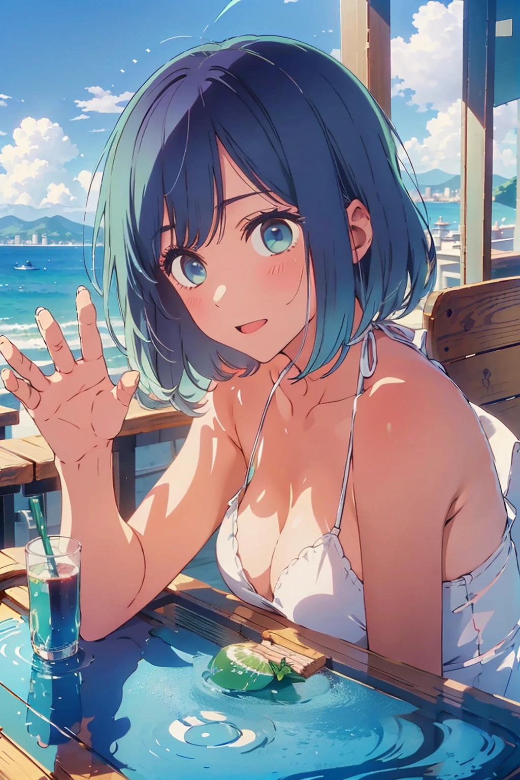 (Highest quality:1.4、8K:1.4、detailed)、F cup bust、、Slim body、Very white beautiful skin、((((1 person、Surprised expression、sit、Chair、In the background are the urban buildings of Tokyo、looking at the camera、Outdoor café terrace、coastal、Navy hair color、juice、White side string high leg bikini、Shooting up close、Shooting from an angle、table、Very cute face))))、(Waving:1.4)、Very blue sky、A completely cloudless sky