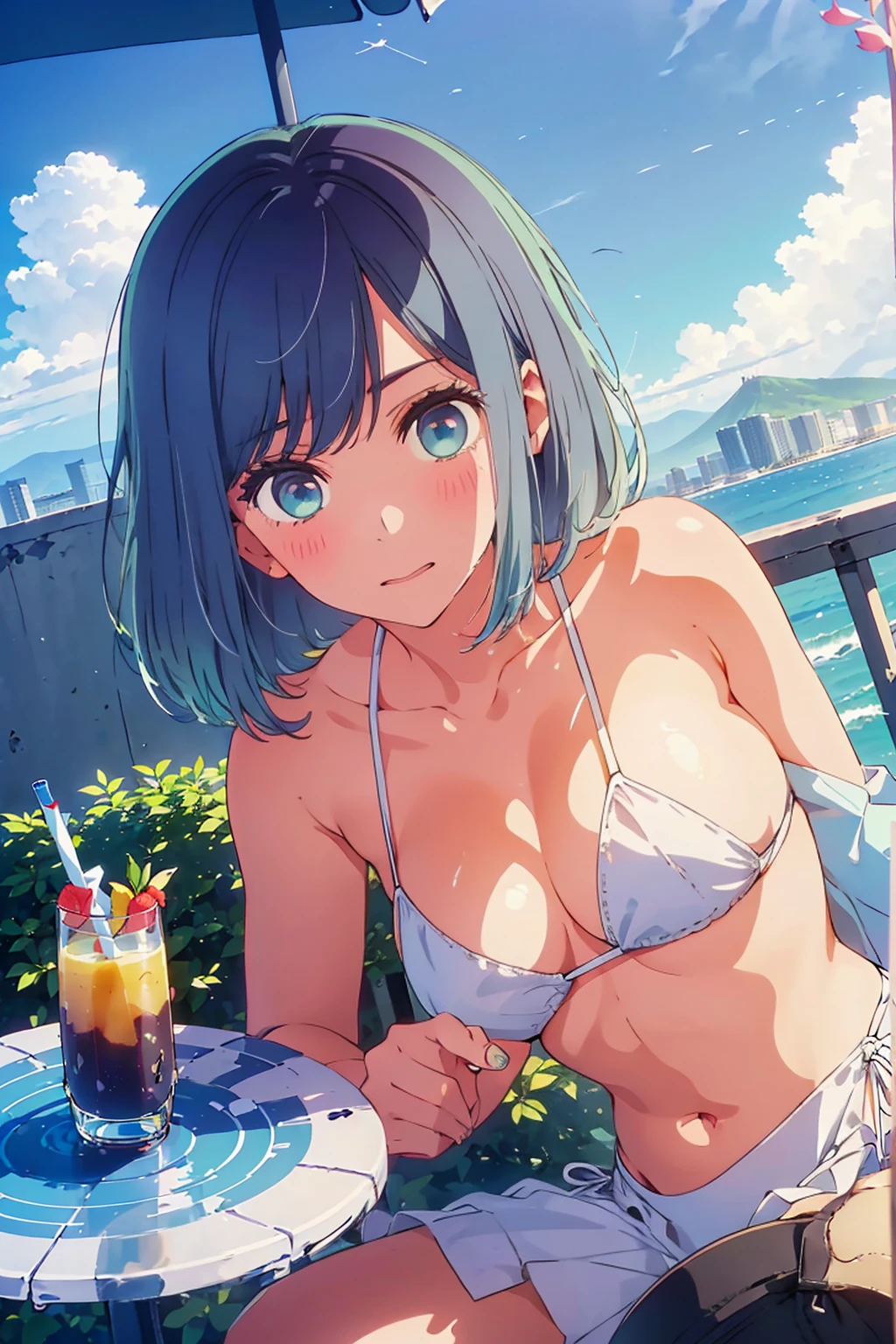 (Highest quality:1.4、8K:1.4、detailed)、F cup bust、Big Breasts、Slim body、Very white beautiful skin、((((1 person、Surprised expression、sit、Chair、In the background are the urban buildings of Tokyo、looking at the camera、Outdoor café terrace、coastal、Navy hair color、juice、White side string high leg bikini、Shooting up close、Shooting from an angle、table、Very cute face))))、(Waving:1.4)、Very blue sky、A completely cloudless sky