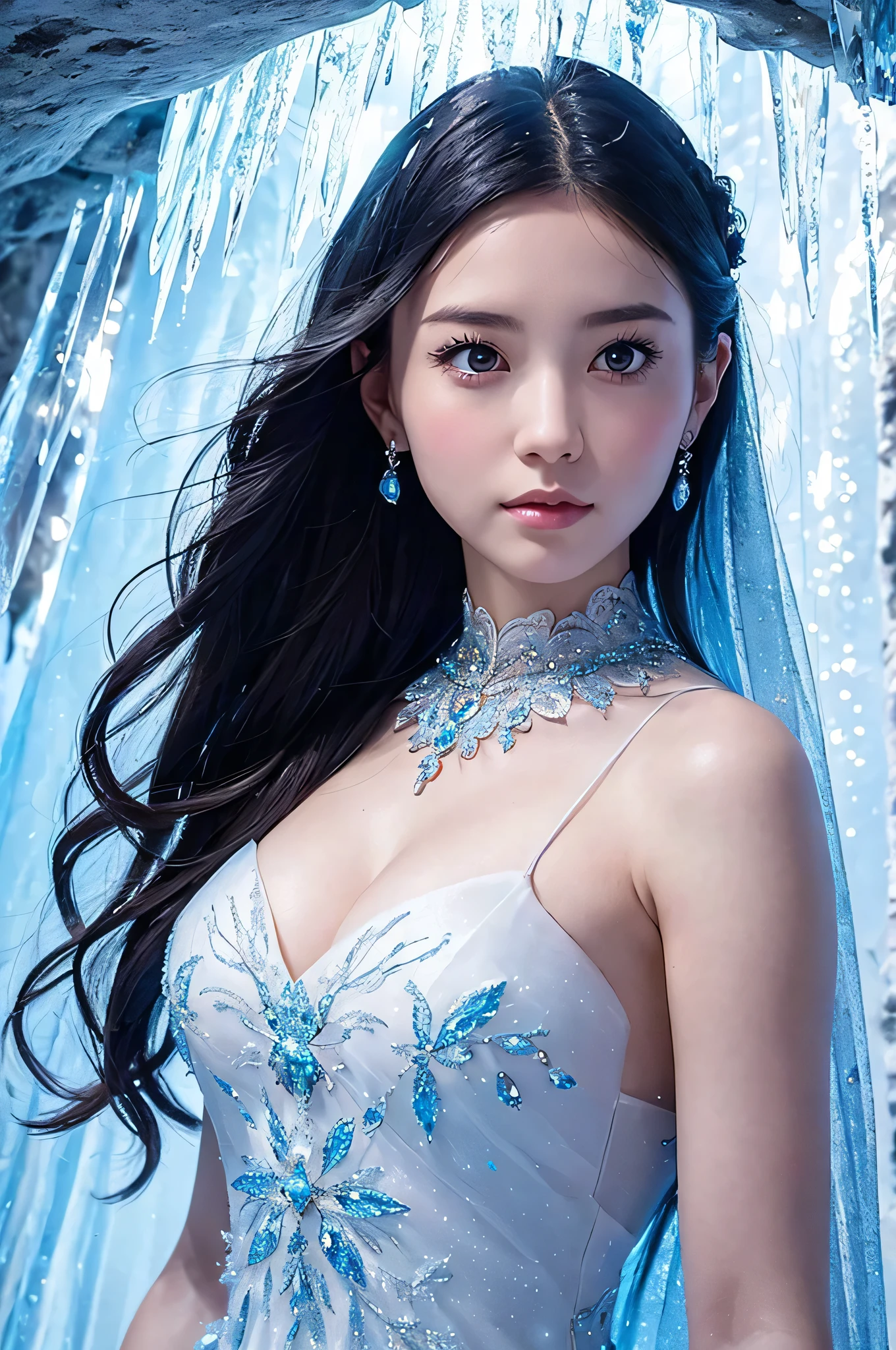 This image is、It depicts a fantastical scene of a beautiful woman standing in an ice cave.。Below is the detailed prompt for the image。

--- In the center of the image、A young woman is standing。she is wearing a white dress、The design is very delicate and elegant。The dress has lace on the shoulders、Transparent materials are used。The dress is decorated with beads and embroidery.、It reflects light and shines brightly。

Her hair is black、It has a natural wave。Her hair is decorated with ice crystals.、It gives the impression of a winter fairy.。Her expression was quiet、The slightly sad eyes are impressive.。Eyes are large、Your gentle eyes are shining。

In the background is an ice cave.。Huge icicles hang from the ceiling and walls of the cave.、The transparent ice pillars reflect the light and shine beautifully.。Fine patterns and cracks can be seen on the surface of the ice.、Natural beauty is highlighted。The whole background is filled with blue light.、It creates a cold and mysterious atmosphere.。

The use of light is very effective、The transparency of the ice and the light reflected on the woman&#39;s skin and dress are beautifully depicted.。The light hits her face softly、The expression is gently illuminated。In particular, the light reflecting off the ice icicles creates a fantastic effect.、It enhances the overall atmosphere.。

This image is、This is a work that depicts a fantastic and beautiful winter world.。The elegant figure of the woman and the mysterious background of the ice cave are perfectly combined.、It offers a highly engaging visual experience。This work is packed with fantastical and artistic elements that users love.。