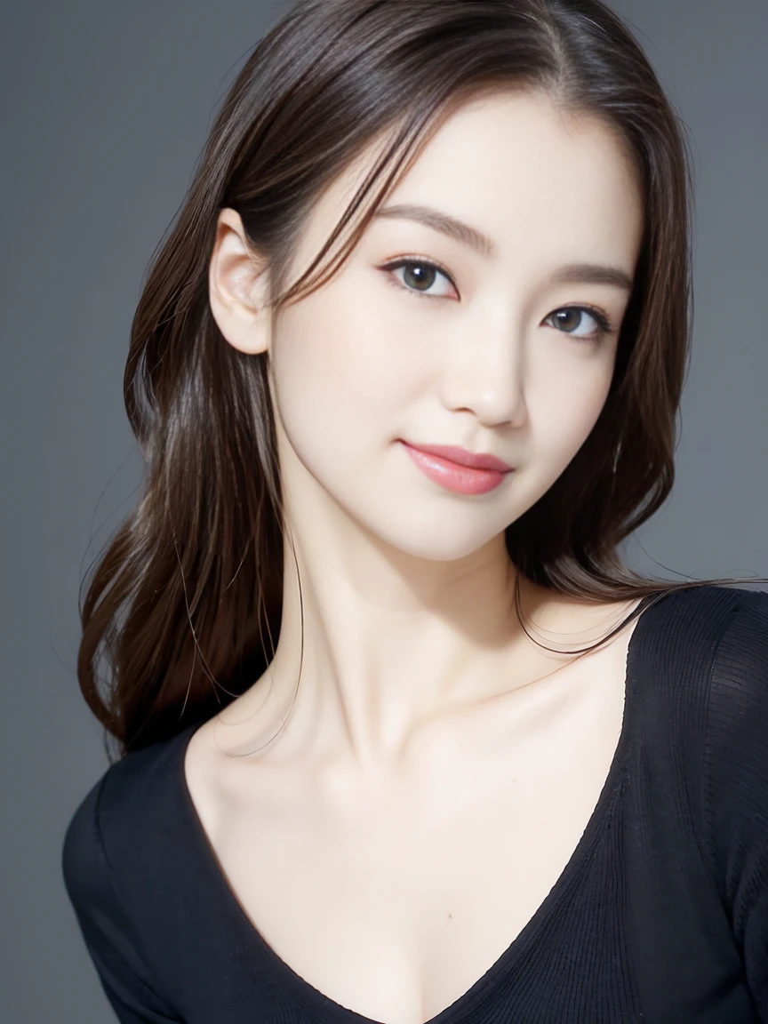 (Highest quality、Tabletop、8K、Best image quality、Award-winning works)、One beautiful woman、Beautiful and elegant long hair、Beautiful black hair、(alone:1.1)、(The perfect black V-neck long sleeve knit:1.4)、(The simplest black background:1.4)、とてもBig Breasts、Accentuate your body lines、Beautiful and exquisite、look at me、(Perfect Makeup:1.1)、Bright lipstick、Ultra-high definition beauty face、Ultra HD Hair、Ultra HD Shining Eyes、Ultra High Resolution Perfect Teeth、Super high quality glossy lip、Accurate ???????、Very beautiful skin、Glowing skin in ultra-high resolution、An elegant upright posture when viewed from the front、(very bright and vivid:1.2)、(Slender body:1.2)、(Cleavage:1.1)、(Big Breasts:1.1)、Shiny, Bright lipstick、(Face close-up:1.2)、(58-year-old:1.4)、(Wrinkled adult face:1.5)、Randomly oriented body、West Shot、