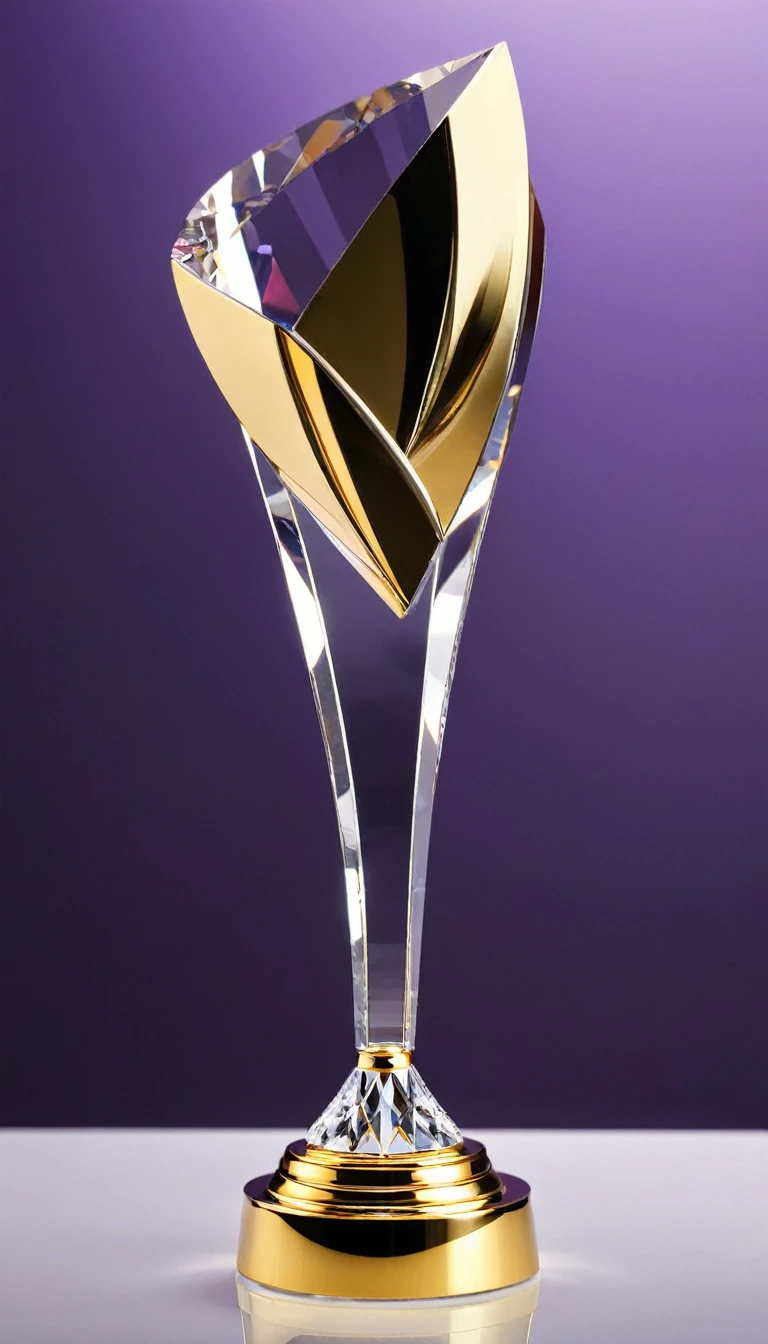 A cool trophy;Golden metal trophy,Crystal acrylic base;Simplicity,Fashion,Feature,Front view。Simplicity,Smart,Non-figurative。Enhance ambient light,Silk background。
