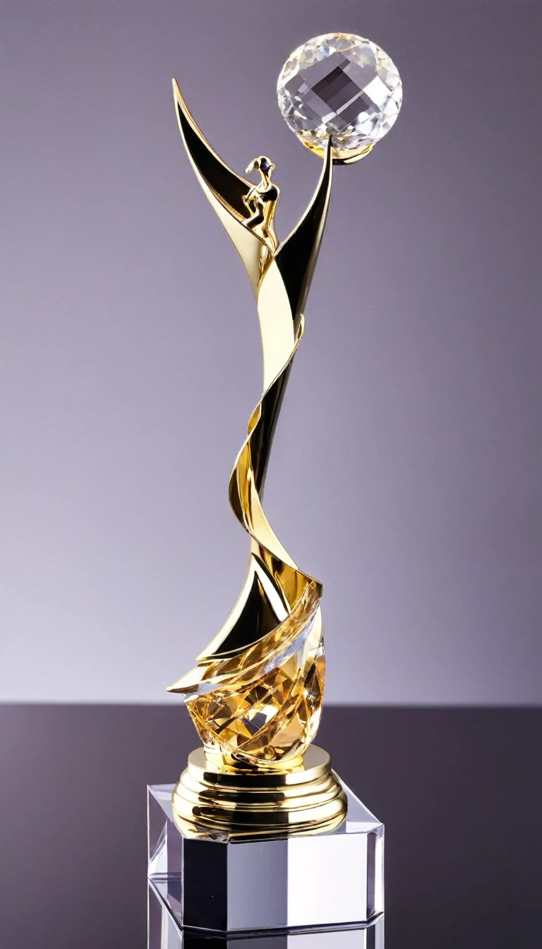 A cool trophy;Golden metal trophy,Crystal acrylic base;Simplicity,Fashion,Feature,Front view。Simplicity,Smart,Non-figurative。Enhance ambient light,Silk background。