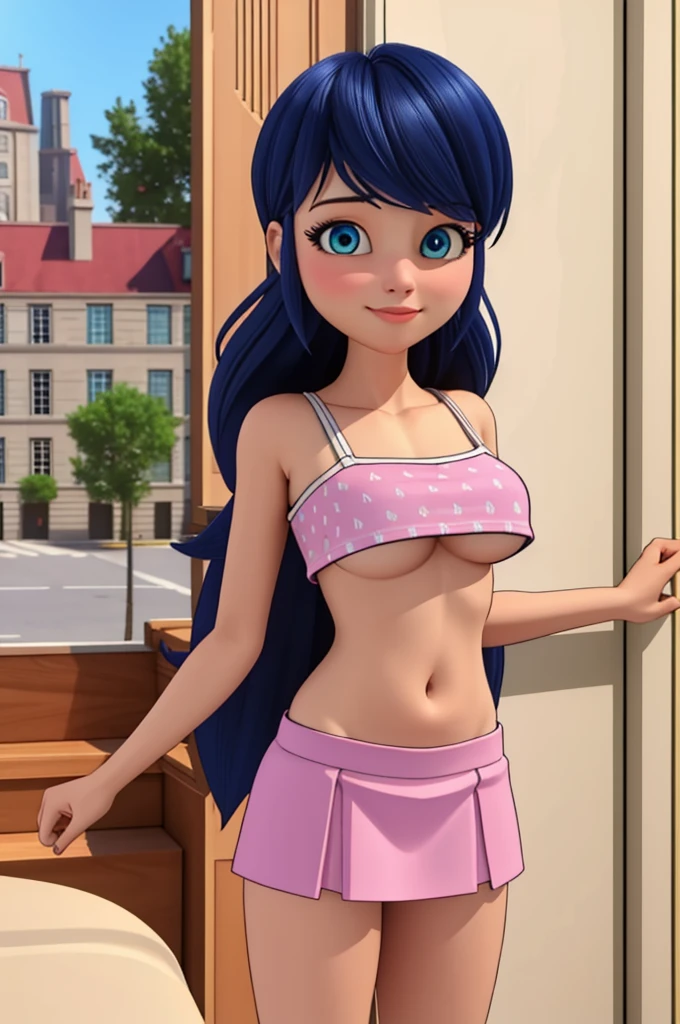 (8k, RAW photo, best quality, masterpiece:1.2), (intricate details), perfect eyes, perfect face, perfect lighting, beautiful, (masterpiece:1.2), (best quality:1.2), 1girl, solo, marinette, blue hair, ((long hair down)), adult torso, 18 years old, slight smile, large sized breasts, (pink sexy mini skirt), cowboy shot, 3DMM,underboobs,