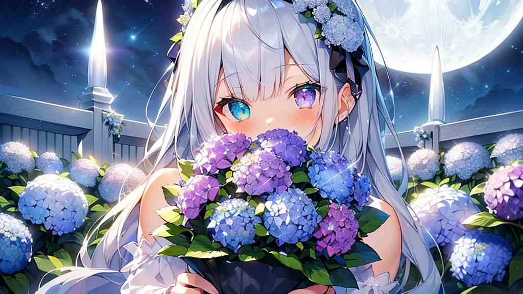 Best quality、Photorealistic、Ultra-detailed、delicate、Orderly、High Detail、Bluish Silver Short Bob、(Drooping heterochromia iris,glowing eyes、Sparkling Eyes:1.3)、slender、(One girl:1.2)、(moon、night、Night Sky、Dark Night、Glowing Hydrangea、Mysterious Light、A girl holding a bouquet of hydrangeas:1.3)、