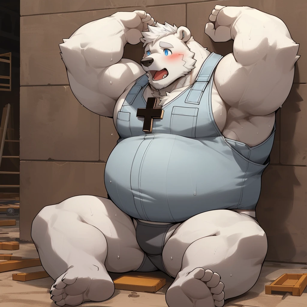 masterpiece, best quality, 8k resolution, Very detailed, hairy，(((polar bear))，(((Mature)))，(((beard))),(((Strong)))，(((Blue Eyes))),(((White hair all over body)))，(((portrait)))，(((White hair)))，(((Construction Site)))，For the audience，(((White vest))),(((Back against the wall)))，(((Open mouth)))，Highest quality scene，(((whole body)))，(((Shameful)))，(((Blushing)))，((( Raise your hands)))，(((sweaty)))，((Fat-enclosed muscle))，(((Round face)))，(((alone)))，(((Strong body)))，(((Hip bulge)))，(((Lifted clothes)))，((sit on the floor))，(((Sitting cross-legged)))，(((Gray thong)))