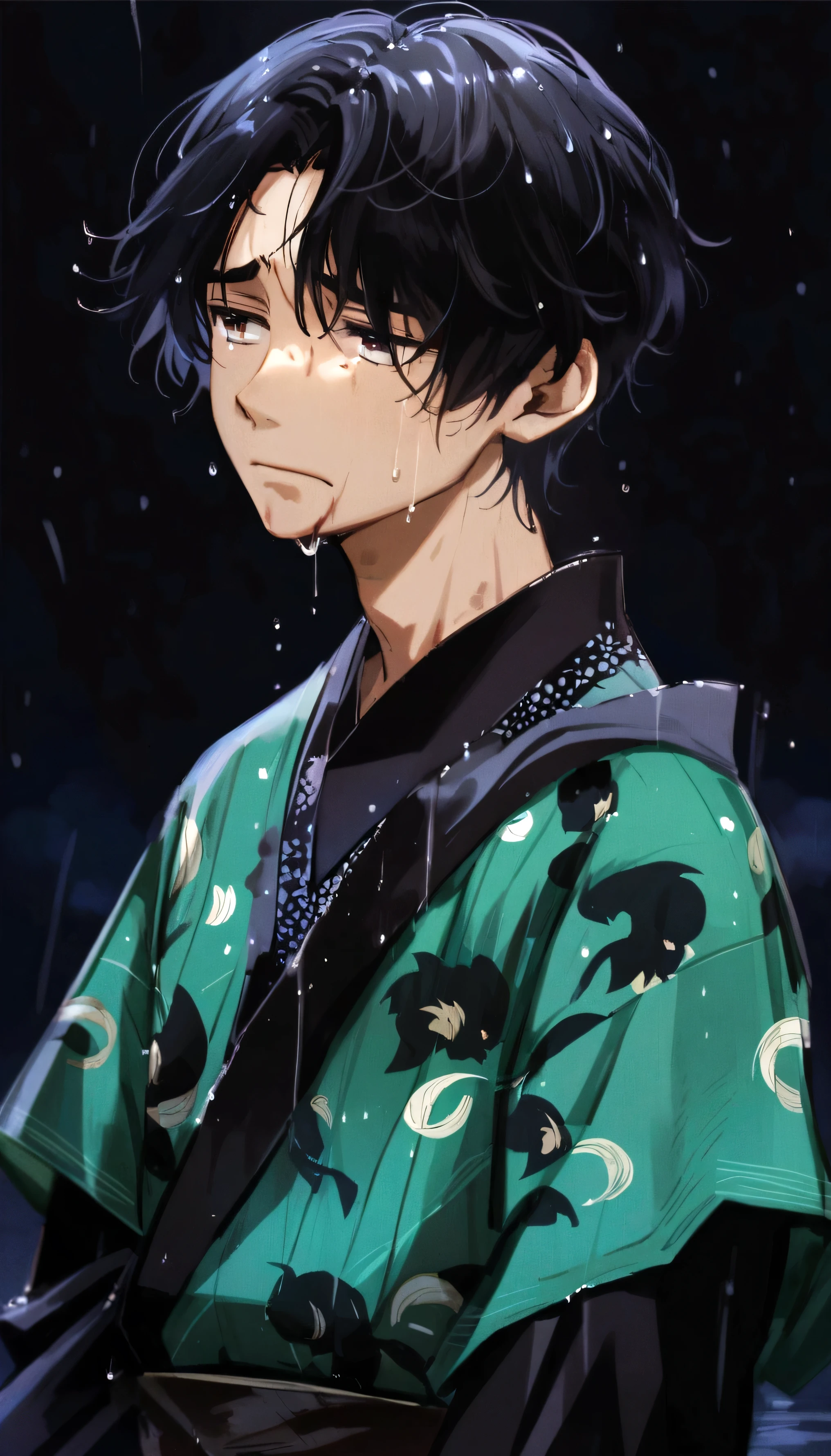 Japanese anime, beautiful boys, black hair, depressed, raining, outside, kimono, beaten up, sad. 