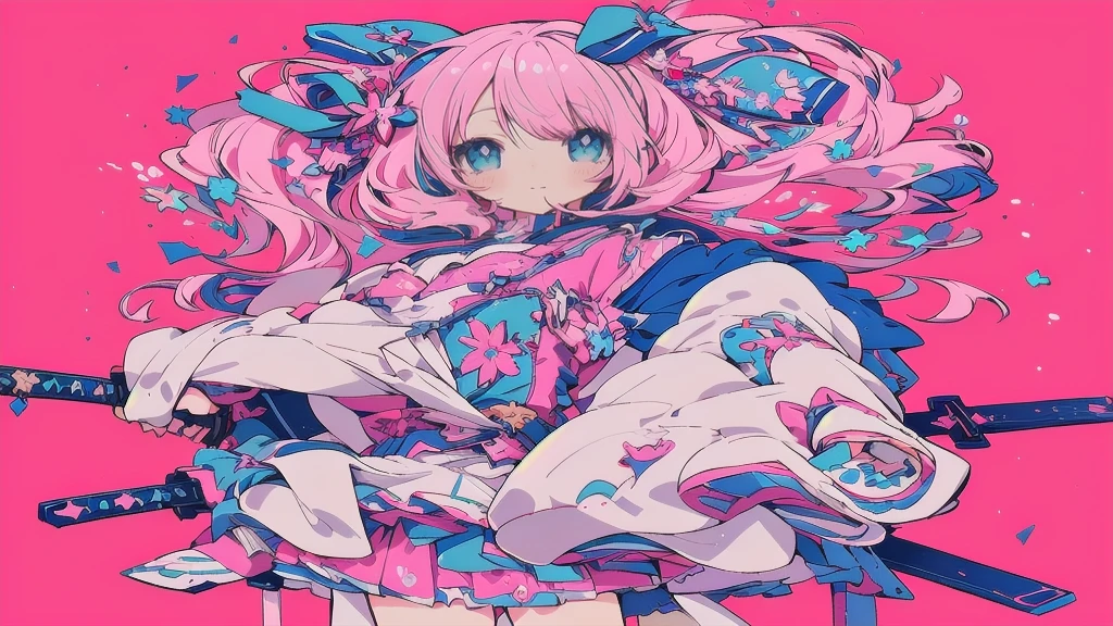 Anime girl with pink hair and blue eyes holding two swords, Decora style illustrations, Anime illustration, Anime Graphic Illustration, soft Anime illustration, Anime-style illustrations, digital Anime illustration, Anime fantasy illustration, Dreamy psychedelic anime, Beautiful and detailed anime art, Cute and detailed digital art, Digital art on pixiv, Cute and detailed artwork, Anime Style 4k, Anime-style artwork