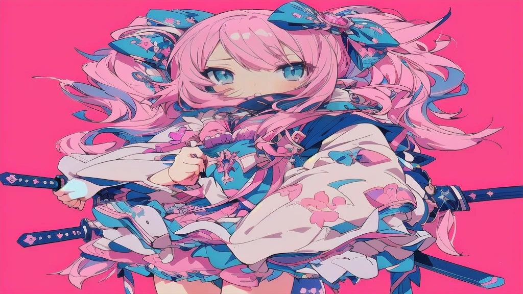 Anime girl with pink hair and blue eyes holding two swords, Decora style illustrations, Anime illustration, Anime Graphic Illustration, soft Anime illustration, Anime-style illustrations, digital Anime illustration, Anime fantasy illustration, Dreamy psychedelic anime, Beautiful and detailed anime art, Cute and detailed digital art, Digital art on pixiv, Cute and detailed artwork, Anime Style 4k, Anime-style artwork