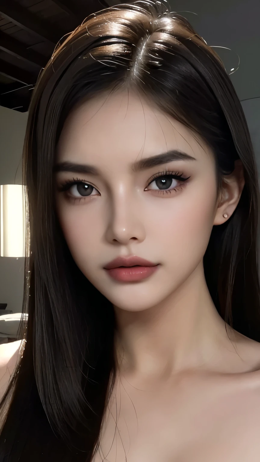 masterpiece, best quality, RAW photos, high resolution, hyper-detailing, Focus on the face, looking at viewer, Detailed eyebrows, realistic beautiful eyes, realistic glossy skin, straight Bangs, realistic movie lighting, detail shaded, high contrast, Slender, big boob, Big breasts, Exposed cleavage, nsfw, Sexy face, Facial expressions when receiving pleasure, ((Dark background)),