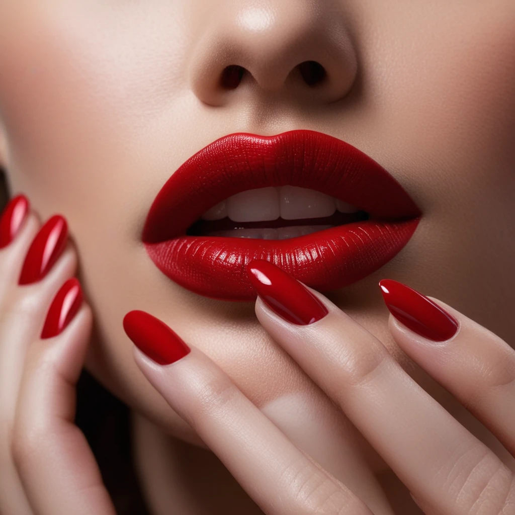 cinematic film still of  A detailed and A perfect photo of a closeup of a woman with a red lip and a burgundy manicure hand nails on her 黑色肤色，Lips,Hand focus,Movie Hands,Best Hand,Better Hands,Awesome hands,Different hands,1 Girl,Solitary,Brown hair,parted Lips,teeth,nail油,Lips,nail,cosmetic,Lipstick,红nail,close up,Practical,red Lips,Nail Art,Perfect,Different colors,Perfect的色彩,Practical,realism,Detailed background,Perfect背景,Different backgrounds ,Perfect风格, Perfect style, detailed style, Shallow depth of field, Vignette, Very detailed, High Budget, Bokeh, Widescreen, Moody, epic, Gorgeous, Film Grain, Granular