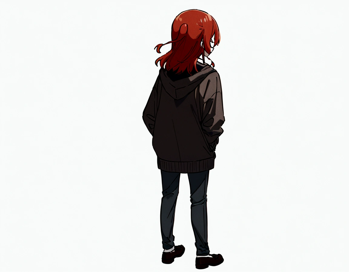 Kita Ikuyo, POV back view, Hoodie, full body, white background 