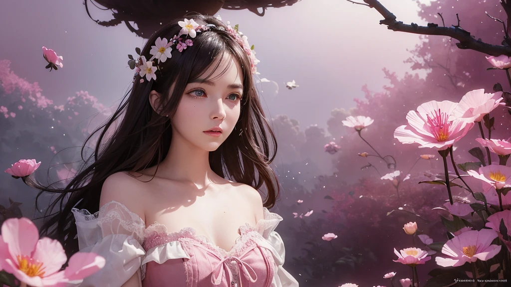 32k, Masterpiece, Highest quality, One girl, Detailed eyes, flower,Sandersonia, Pink and brown style,A dreamy, romantic piece,Pale pink, Mysterious Leaves,A playful arrangement,Fantasy,High Contrast,Ink strokes,explosion,Exposure, Impression of pink and brown tones,Abstract,((Watercolours by John Berkey and Jeremy Mann )) Brush strokes,Negative Space, Tyndall effect,