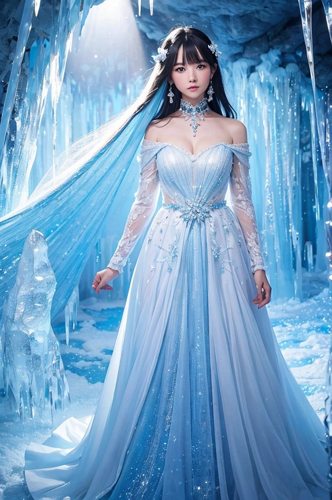 This image is、It depicts a fantastical scene of a beautiful woman standing in an ice cave.。Below is the detailed prompt for the image。
--- In the center of the image、A young woman is standing。she is wearing a white dress、The design is very delicate and elegant。The dress has lace on the shoulders、Transparent materials are used。The dress is decorated with beads and embroidery.、It reflects light and shines brightly。
Her hair is black、It has a natural wave。Her hair is decorated with ice crystals.、It gives the impression of a winter fairy.。Her expression was quiet、The slightly sad eyes are impressive.。Eyes are large、Your gentle eyes are shining。
In the background is an ice cave.。Huge icicles hang from the ceiling and walls of the cave.、The transparent ice pillars reflect the light and shine beautifully.。Fine patterns and cracks can be seen on the surface of the ice.、Natural beauty is highlighted。The whole background is filled with blue light.、It creates a cold and mysterious atmosphere.。
The use of light is very effective、The transparency of the ice and the light reflected on the woman's skin and dress are beautifully depicted.。The light hits her face softly、The expression is gently illuminated。In particular, the light reflecting off the ice icicles creates a fantastic effect.、It enhances the overall atmosphere.。
This image is、This is a work that depicts a fantastic and beautiful winter world.。The elegant figure of the woman and the mysterious background of the ice cave are perfectly combined.、It offers a highly engaging visual experience。This work is packed with fantastical and artistic elements that users love.。