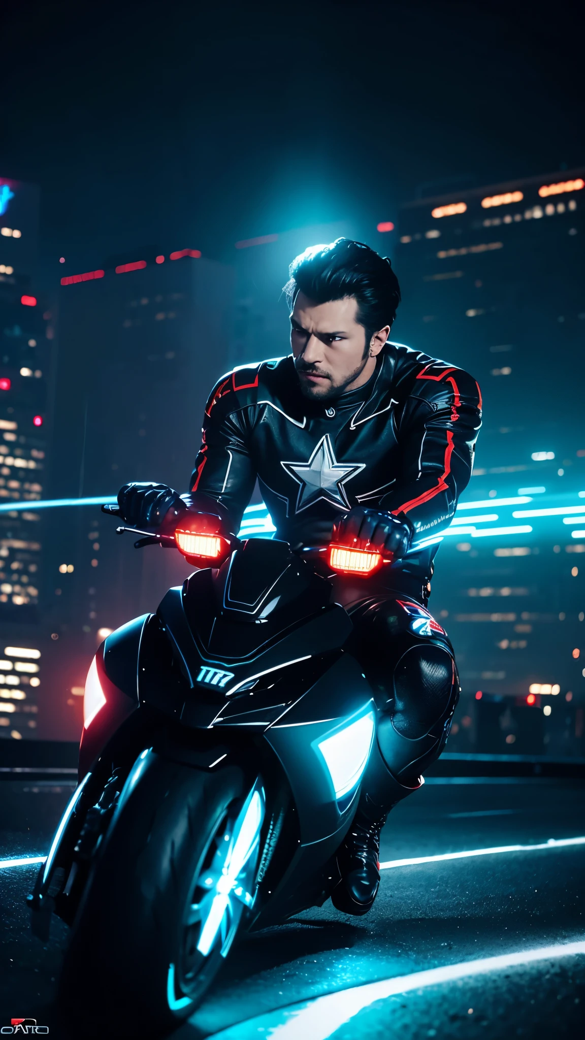 gloomy portrait of Captain American as Tron from Marvel, riding a Tron motorcycle. extremely detailed, futuristic cityscape, nighttime, glowing neon lights, fire, sparks, explosion, metal shavings, battle scar, flying debris, blue energy effects, volumetric light,
