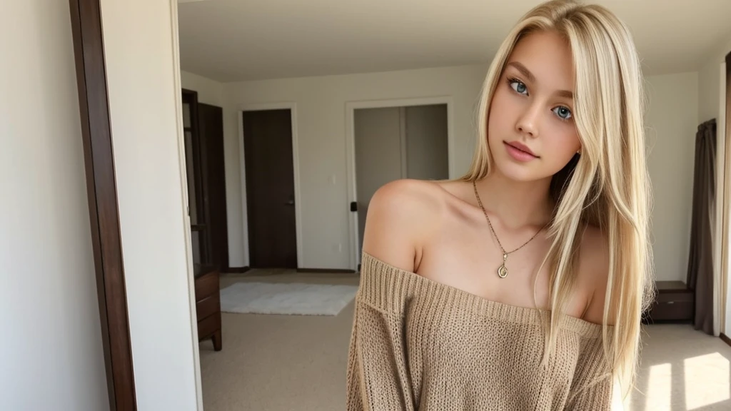 1girl in, 19, Solo, Long hair, Colossal , Looking at Viewer, blondehair, Bare shoulders, Brown eyes, jewely, Full body, a necklace, off shoulders, Sweaters, Realistic, A sexy