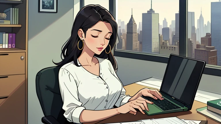 Beautiful dark-haired woman in her 30s sitting green chair in an spacious and colorful office. looking down and closing her eyes, relaxed atmosphere, cozy, LOFI girl, alone in the room, white blouse, desk, documents, laptop, pen, watch, smartphone, stationery, wide glass window, only five fingers, New York, colorful, well-proportioned face, I can see skyscrapers outside the window, colorful, pierced earrings, She is fashionable, ring, cabinet
