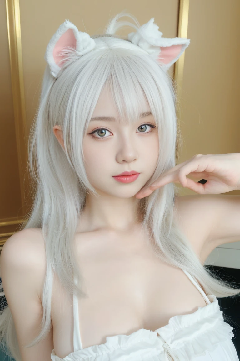 best quality, tmasterpiece,Ultra-high resolution,Clear face,(Reality:1.4),ferpect lighting,(upper body shot:1.7), (photorealistic:1.50), anime wallpaper, Guviz style artwork, cover-up fantasy up to magic , by Yang J, Guviz, beautiful artwork illustration, beautiful digital artwork, beautiful digital illustration, Li Song, beautiful anime portrait, art style in Beauvot,1girl, 独奏, (long hair), Messy hair, (white hair), long hair, (animal ears:1.5), blue eyes, (white clothes:1.3),(white dress),bracelets, bare shoulders,Sleeveless, (Giant breast:1.3), plaid, gladiator sandals, standing, indoor, (Curtain background),Inside the house,