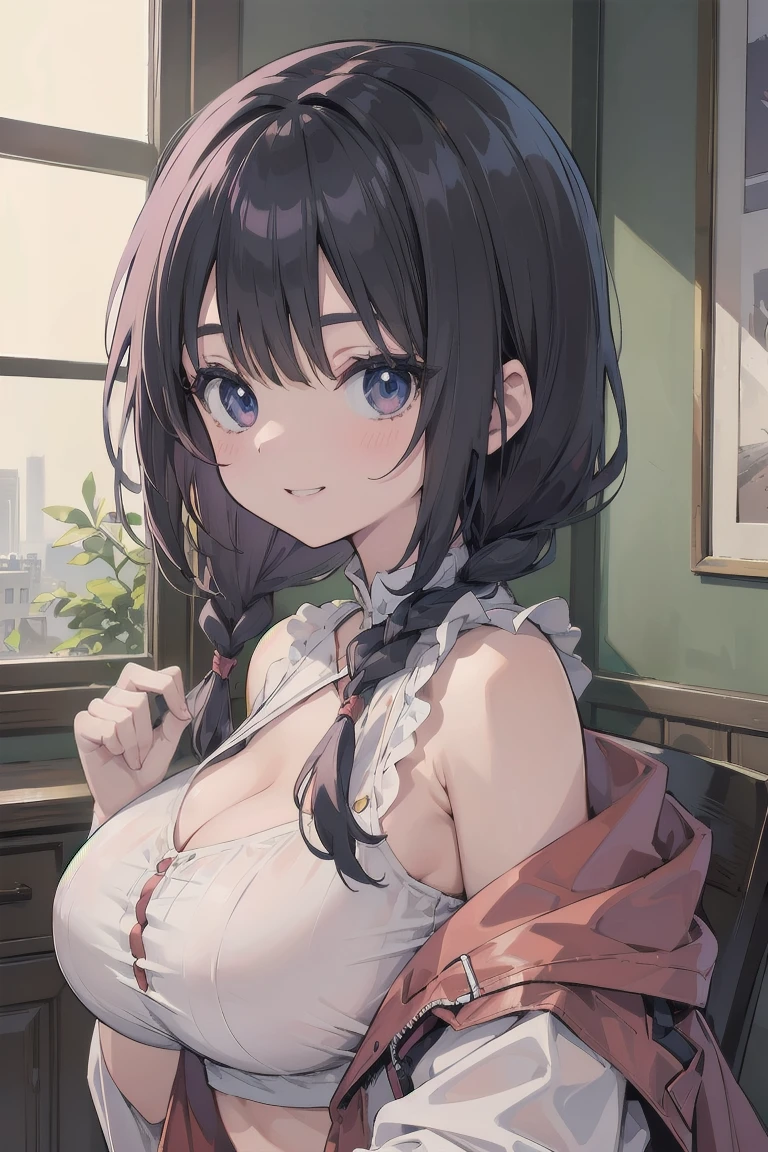 Super busty anime girl posing in front of a window, ((Large amounts of soft fat accumulate in the breasts, Open your chest wide.)), ((Upper Body)), ((people々focus on)), ((((The best smile)))), Enchanting anime girl, best anime 16k wallpaper, A neat girl with a perfect medium length bob cut and braids, 魅惑的なボディで見るpeopleを虜にするリアルな質感が魅力的な女の子., 16K Anime Wallpapers, 16k manga wallpaper,, Highly detailed digital anime art, Anime Best Girl, 完璧な解剖学に基づいた詳細かつ正確なpeople体描写、Anime girl reenacting erotic drama scenes, Detailed anime artwork, Beautiful and attractive anime woman